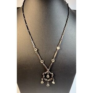 Necklace Black Silver Tone Goth Romantic Elegant Clear Glass Stones 16 inch